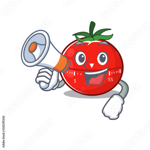 Tomato kitchen timer carton picture style giving announcement on a megaphone