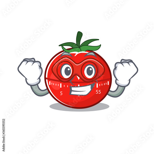 A cartoon mascot of tomato kitchen timer in a fantastic Super hero character
