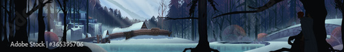 Evocative panoramic fairy tale illustration of frozen woodland encampment with traveler approaching in the foreground © ChopChopRainbow