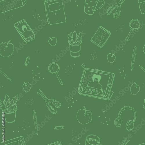 A pattern with things for self-education. Tablet, book, pen, caradrash, apples, magnifier, tea mug, smartphone, notepad, headphones, music column, potted plant, scissors. Vector isolated illustration.