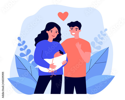 Happy new parents holding baby. Young mom and dad, heart symbol, new born child flat vector illustration. Having baby, parenthood, child care concept for banner, website design or landing web page