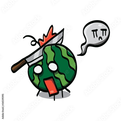 watermelon cartoon character in shock with a knife stuck on it