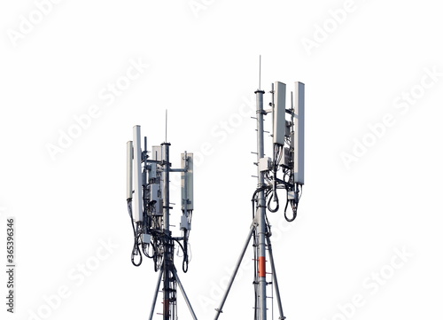 Telecommunication tower of 4G and 5G cellular. Base Station or Base Transceiver Station. Wireless Communication Antenna Transmitter. Telecommunication tower with antennas isolated on white background.