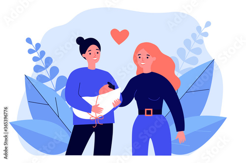 Female gay couple having baby. Two happy lesbian women holding new born child flat vector illustration. LGBT family, parenthood, child care concept for banner, website design or landing web page