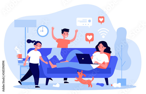 Mom with laptop living on social media. Children and pet making messy at home. flat vector illustration. Careless mother, internet addiction concept for banner, website design or landing web page