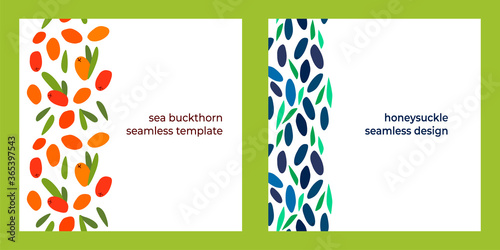 set of two seamless designs with sea buckthorn berries, honeysuckle and leaves on a white background. modern abstract design for packaging, print for clothes, fabric