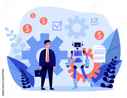 Businessman discussing contract with robot. Bot, ai, partnership flat vector illustration. Robotics, artificial intelligence, business concept for banner, website design or landing web page