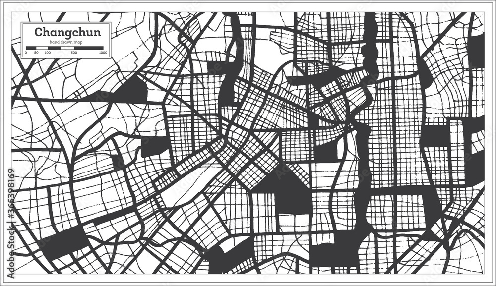 Changchun China City Map in Black and White Color in Retro Style. Outline Map.