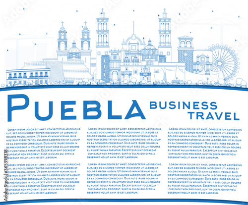 Outline Puebla Mexico City Skyline with Blue Buildings and Copy Space.