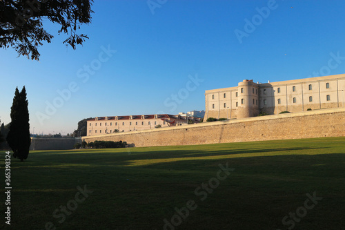 Beautiful view of fortress wall of Cartagena, Spain in the light of the morning sun