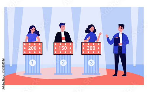 Young people playing television quiz game with showman isolated flat vector illustration. Cartoon participant of TV program answering questions. Puzzle, competition and show concept photo