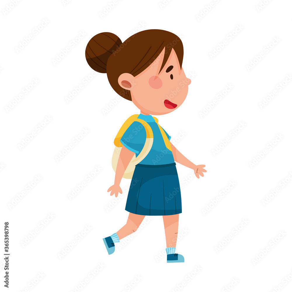 Cute Girl Character Wearing School Uniform and Backpack Walking to School Vector Illustration Cute Girl Character Wearing School Uniform and Backpack Walking to School Vector Illustration