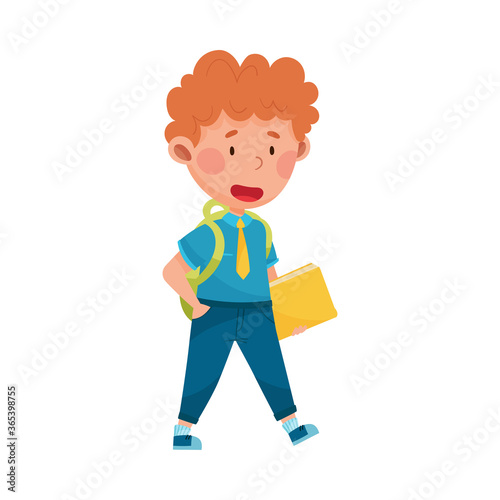 Boy Character Wearing School Uniform and Backpack Walking to School Vector Illustration