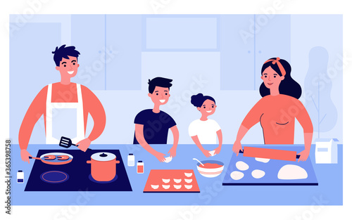 Happy family cooking together isolated flat vector illustration. Cartoon mother, son, father and daughter preparing food. Kitchen, culture and happiness concept