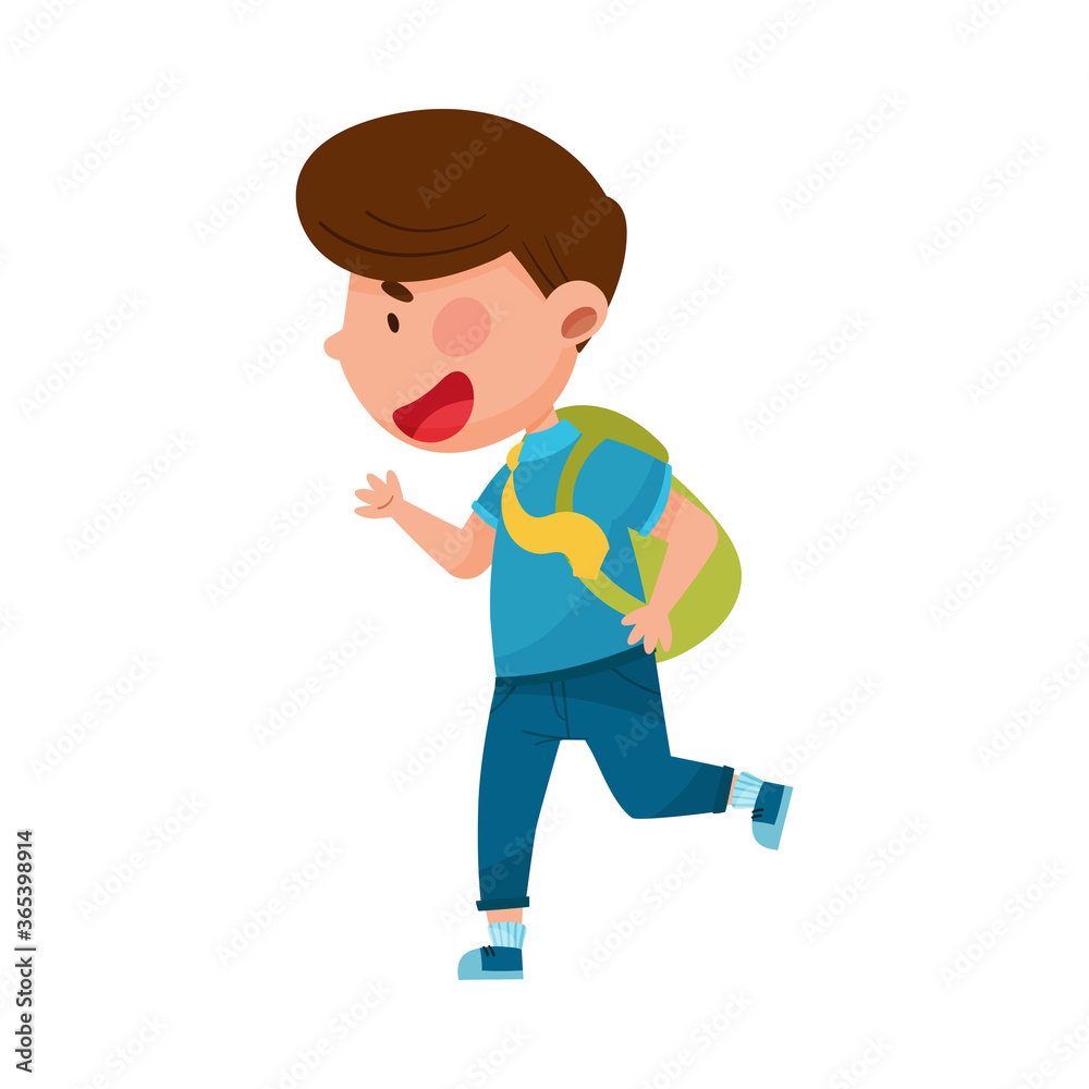 Cute Boy Character Wearing School Uniform and Backpack Running to School Vector Illustration