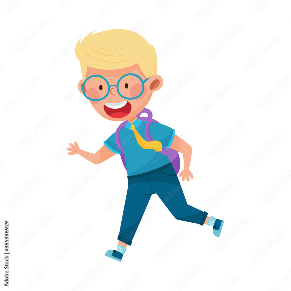 Cute Boy Character Wearing School Uniform and Backpack Running to School Vector Illustration