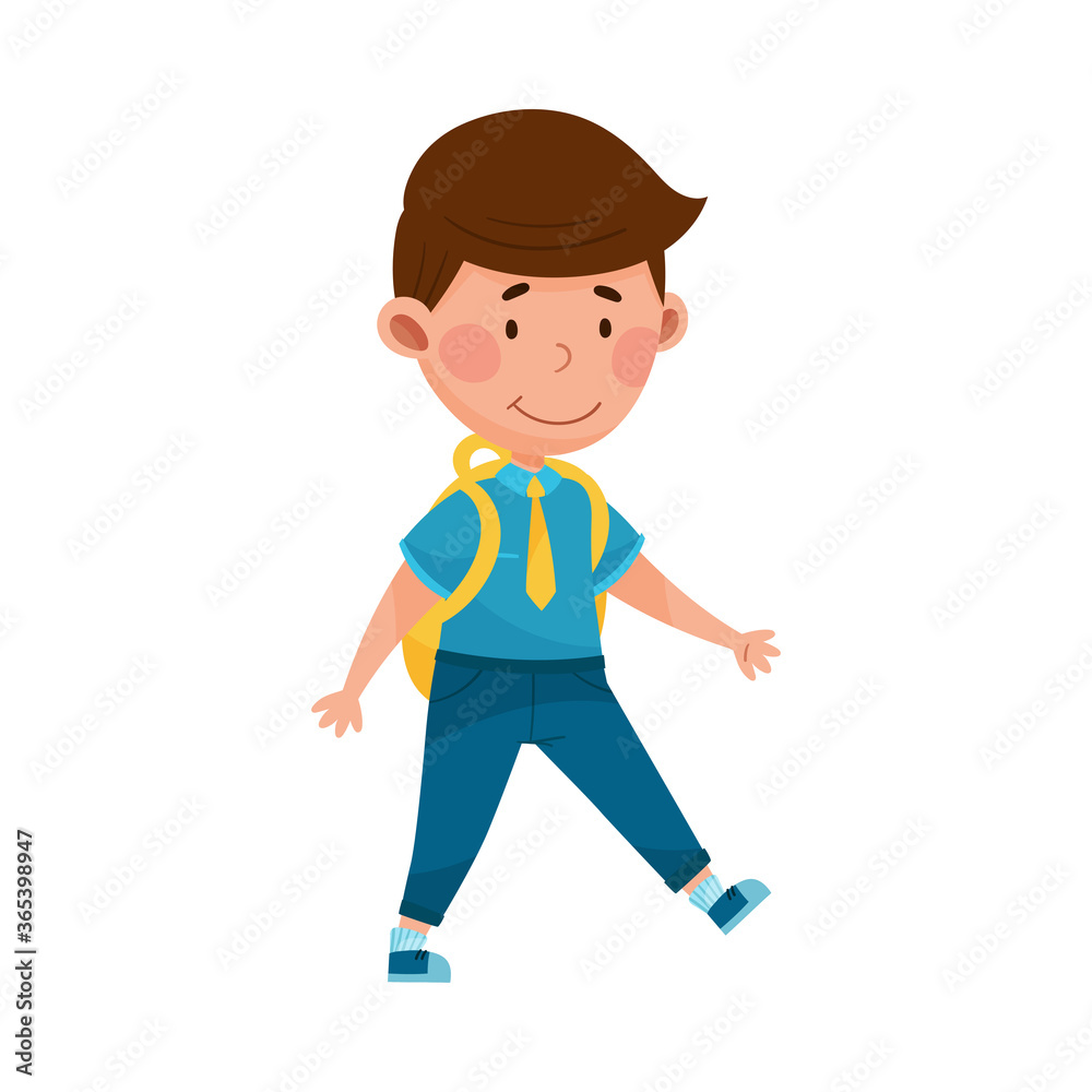 Cute Boy Character Wearing School Uniform and Backpack Walking to School Vector Illustration
