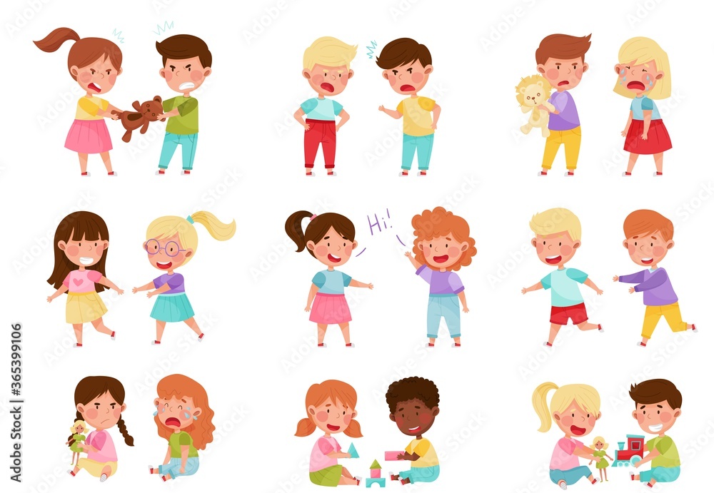 Friendly and Hostile Kids Playing Together Vector Illustrations Set Friendly and Hostile Kids Playing Together Vector Illustrations Set