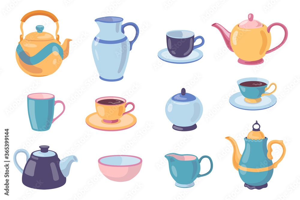 Ceramic dish for drinking tea set. Teapot, cups with saucer, mugs, bowls, pot, jug isolated on white background. Can be used for home, kitchen, coffee break, pottery concept
