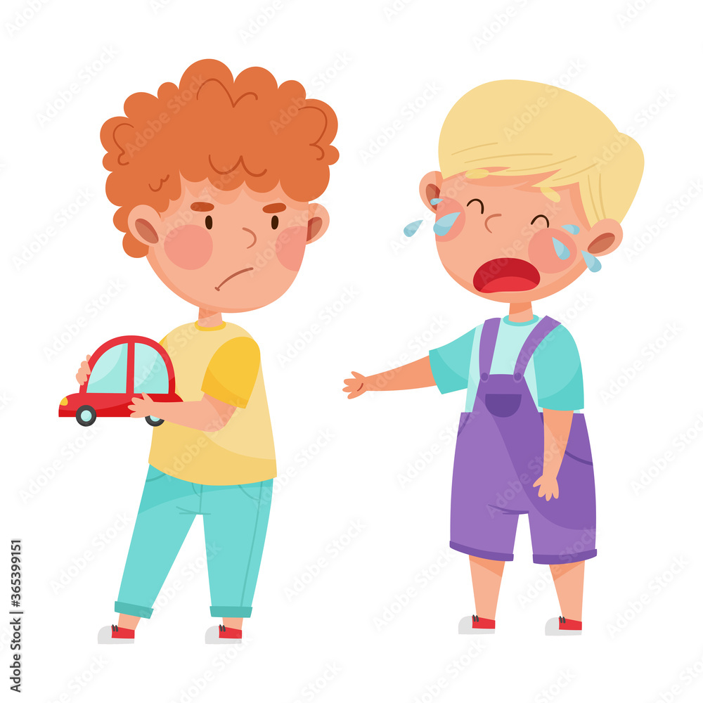 Hostile Kid with Angry Grimace Taking Away Toy Car from His Crying Agemate Vector Illustration