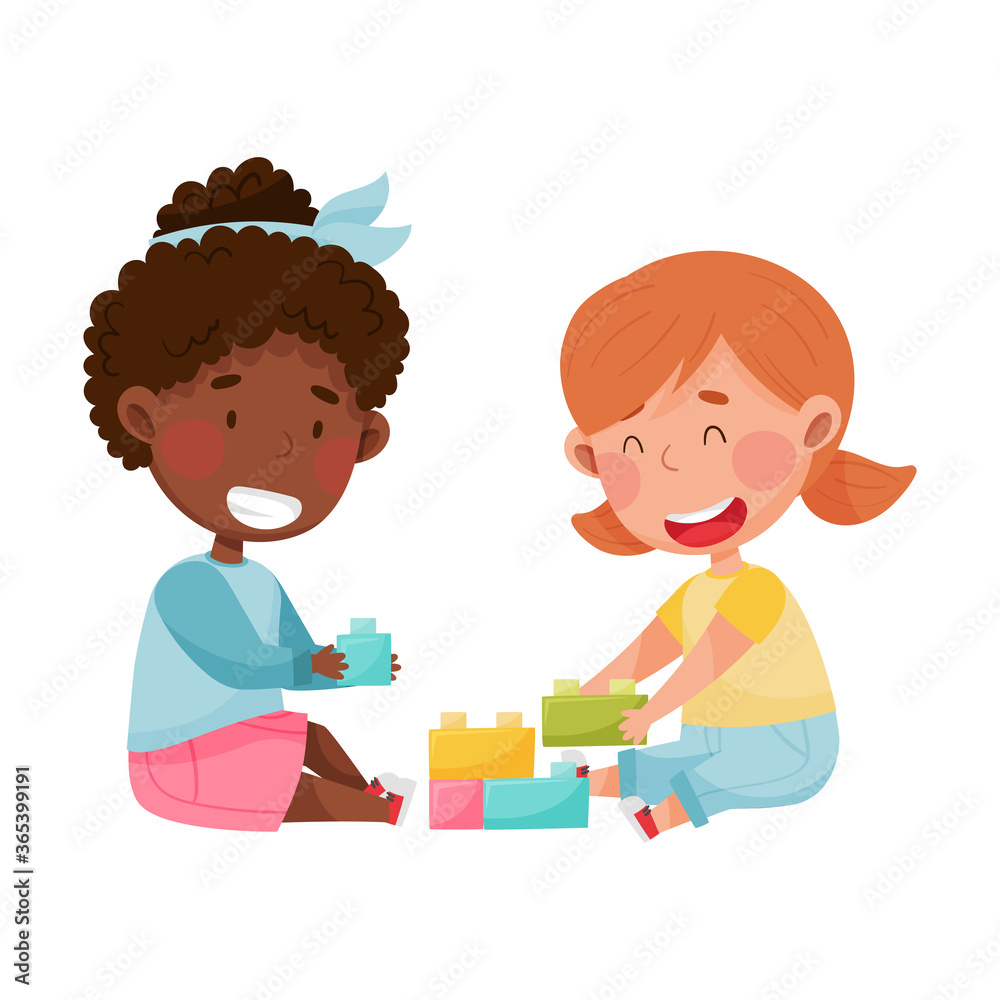 Friendly Kids Playing Together with Toy Blocks and Laughing Vector Illustration Friendly Kids Playing Together with Toy Blocks and Laughing Vector Illustration