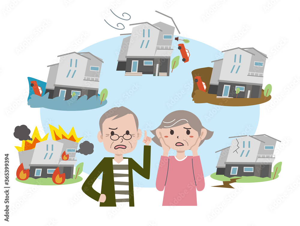 住宅災害に不安になる老夫婦 住宅災害に不安になる老夫婦