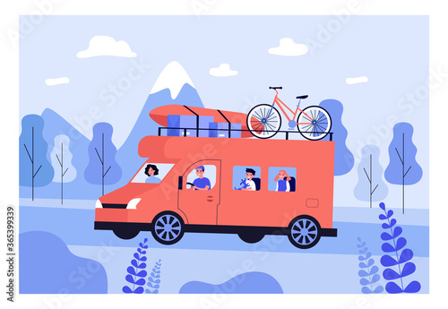 Happy family travelling in van isolated flat vector illustration. Cartoon dad, mom and children driving on road in camper. Summer vacation and adventure concept