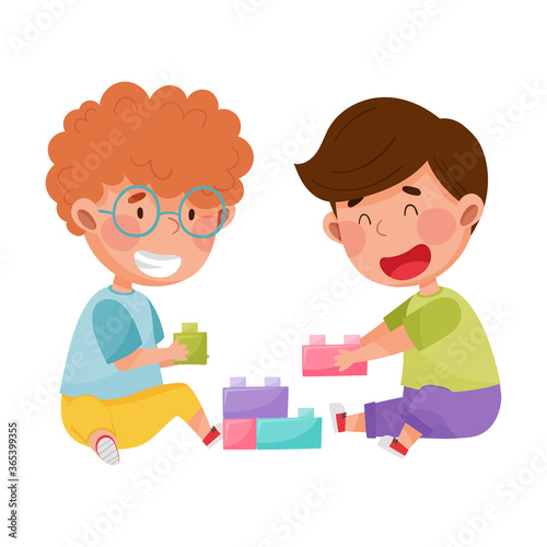 Friendly Kids Playing Together with Toy Blocks and Laughing Vector Illustration