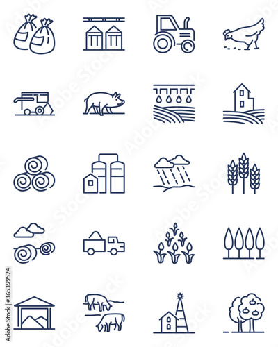 Farming line icons set. Farmer house, tractor, wheat ears, crop, barn, grain, agricultural industry, field equipment. Vector illustrations for agriculture, harvest, village, rural life concepts