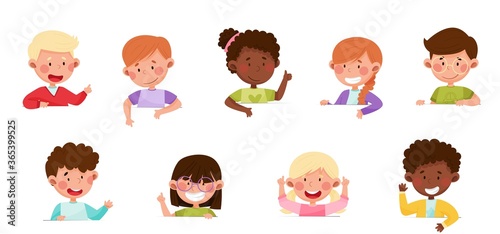 Cute Boy and Girl Characters Sitting at Table or School Desk and Speaking Vector Illustrations Set