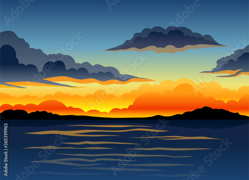 Picturesque Nature Landscape with Sunset and Water View Vector Illustration © Happypictures