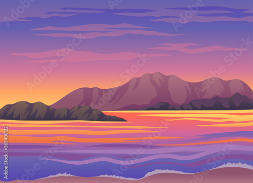 Picturesque Nature Landscape with Sunset and Water View Vector Illustration