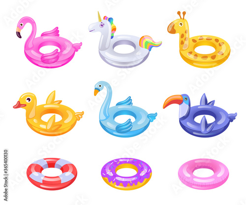 Children inflatable rings set. Rubber donuts, pink flamingo, duck, unicorn for kids in swimming pool. Can be used for pool party, summer vacation, beach concepts