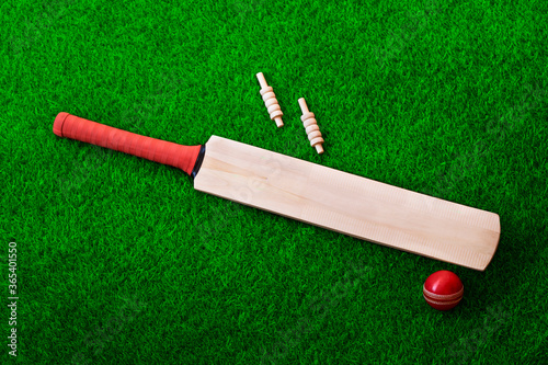 Photography cricket bat and ball place on cricket ground pitch, green grass