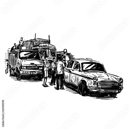 Drawing of the transportation on street in India 