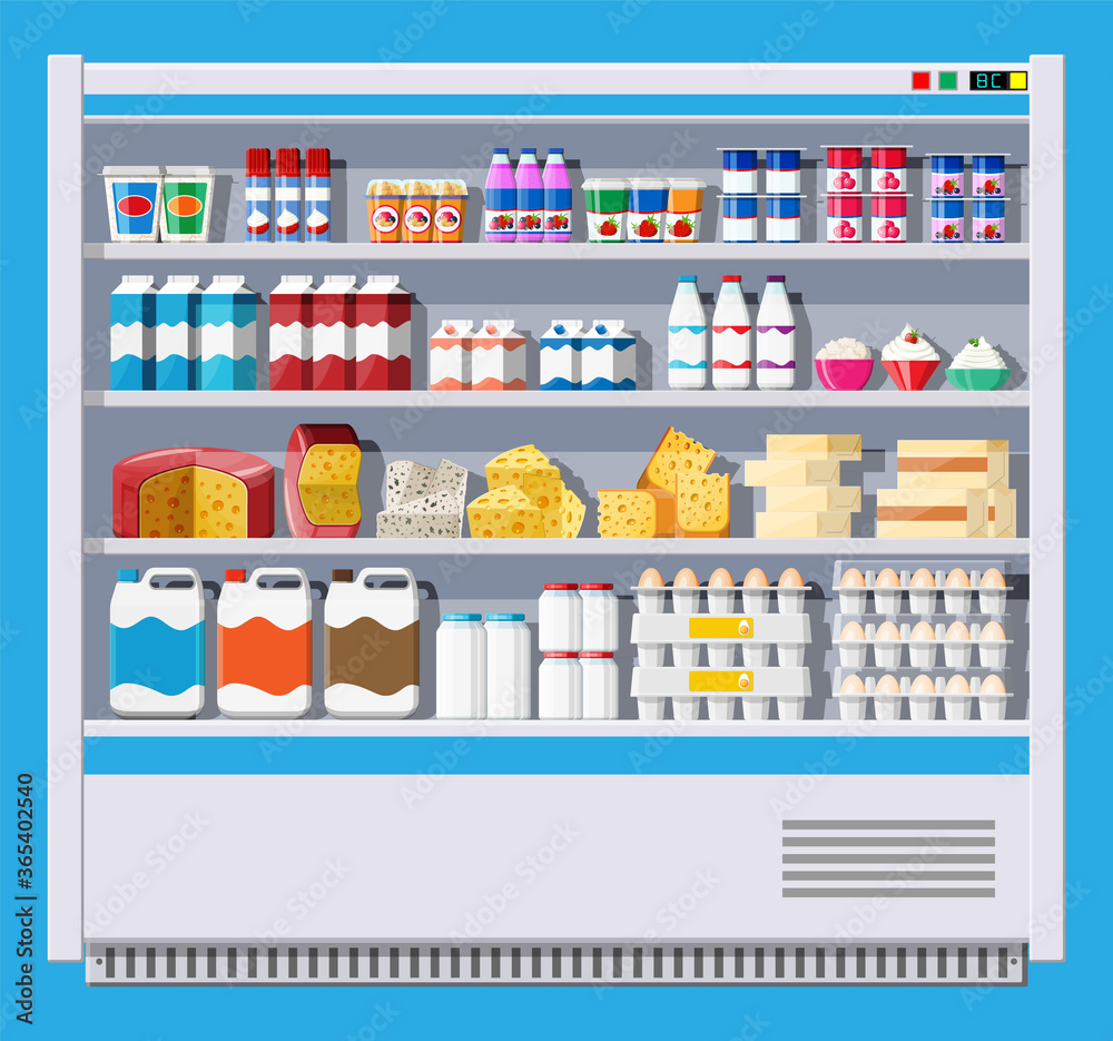 Showcase fridge for cooling dairy products. Different colored bottles and boxes in fridge. Refrigerator dispenser cooling machine. Milk, yogurt, sour cream, cheese, eggs. Flat vector illustration