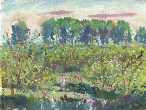 summer landscape with tree and pond painting