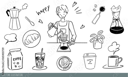カフェでコーヒーを入れる男性・手書きのイラスト・コーヒー素材・飲食店