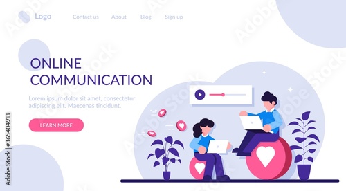 Online communication concept. A man and a woman communicate through social messengers, evaluate each other is content and photos. Modern flat illustration.