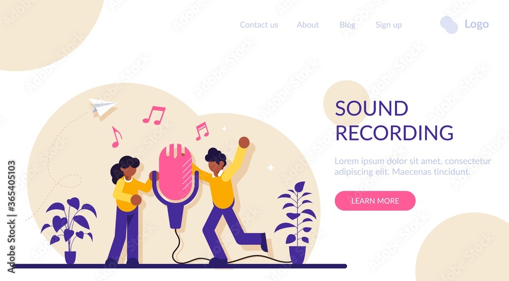 Sound record concept. Group of people standing near microphone and sing a song. Modern flat illustration. Sound record concept. Group of people standing near microphone and sing a song. Modern flat illustration.