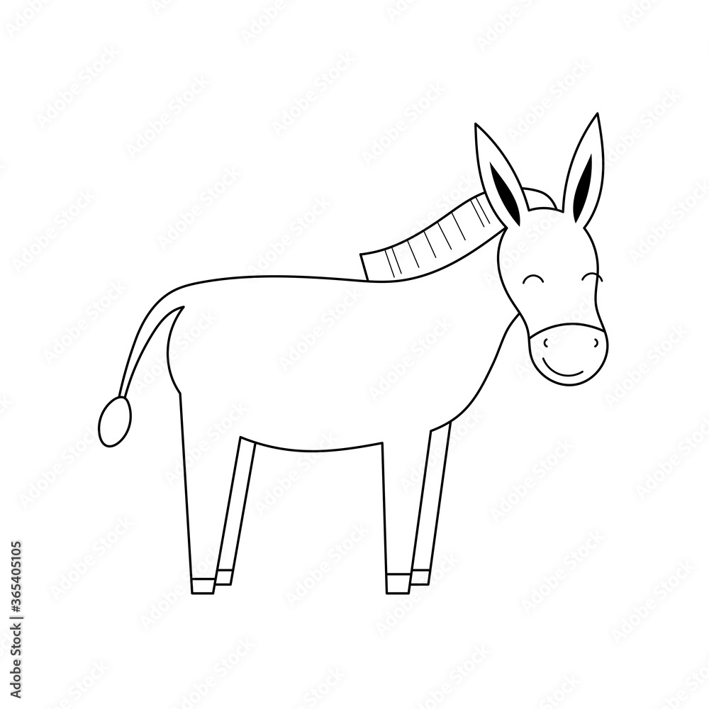 Cute contour doodle donkey. Farm animals and birds.Illustration for childrens coloring book. Vector isolated on white background