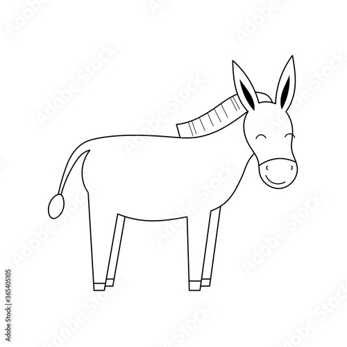 Cute contour doodle donkey. Farm animals and birds.Illustration for childrens coloring book. Vector isolated on white background