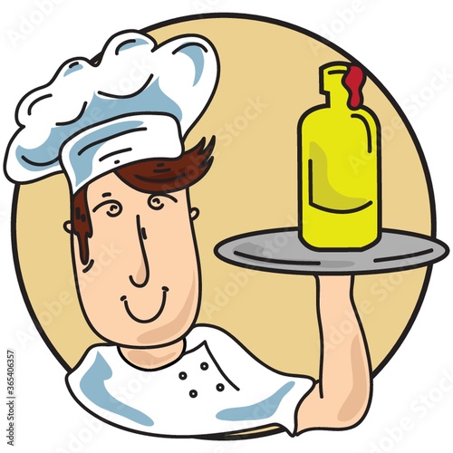 chef holding sauce bottle