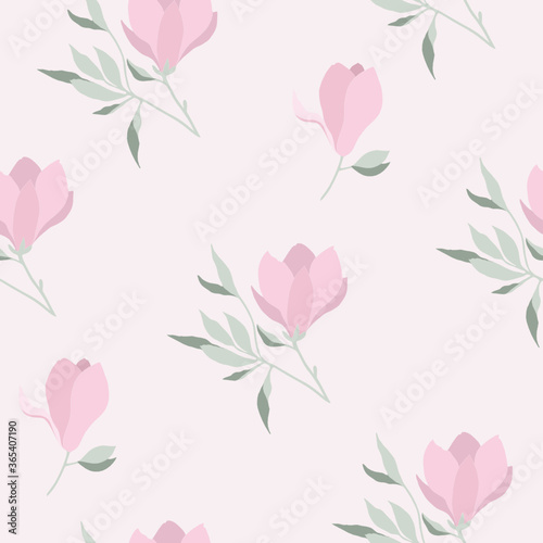Vector seamless pattern with pink magnolias and green branches