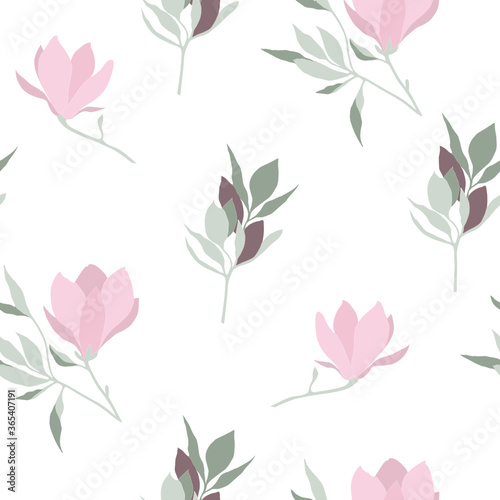 Vector seamless pattern with pink magnolias and green branches