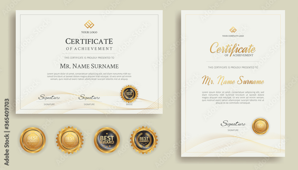 Blue and gold diploma certificate with line art and badges A4 template. For award, business, and education - obrazy, fototapety, plakaty 