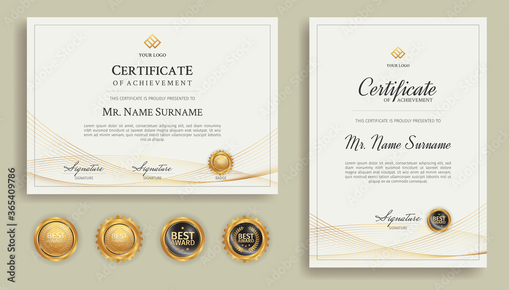 Blue and gold diploma certificate with line art and badges A4 template. For award, business, and education - obrazy, fototapety, plakaty 