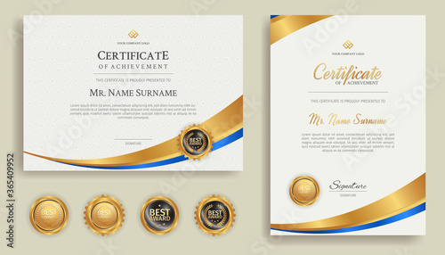 Blue and gold diploma certificate with line art and badges A4 template. For award, business, and education