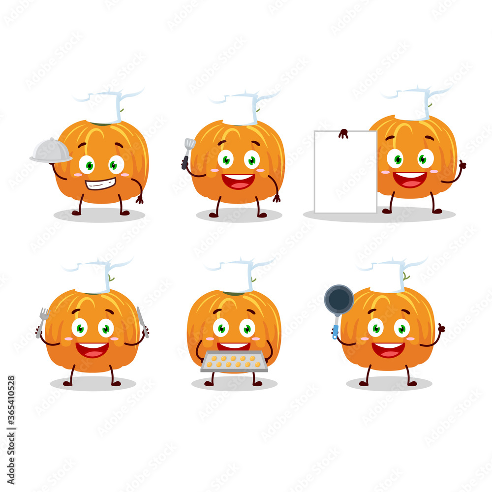 Cartoon character of pumpkin with various chef emoticons
