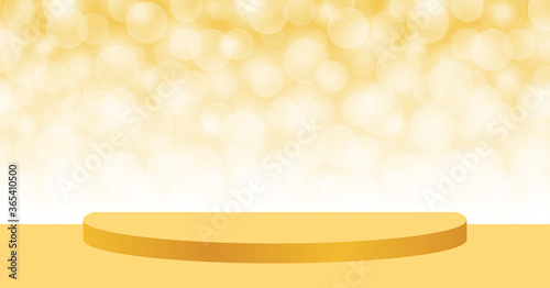 gold pedestal stage on bokeh soft for background, stage podium 3d for cosmetics product display show, golden pedestal stand deluxe for backdrop, stage pedestal for award or success concept show